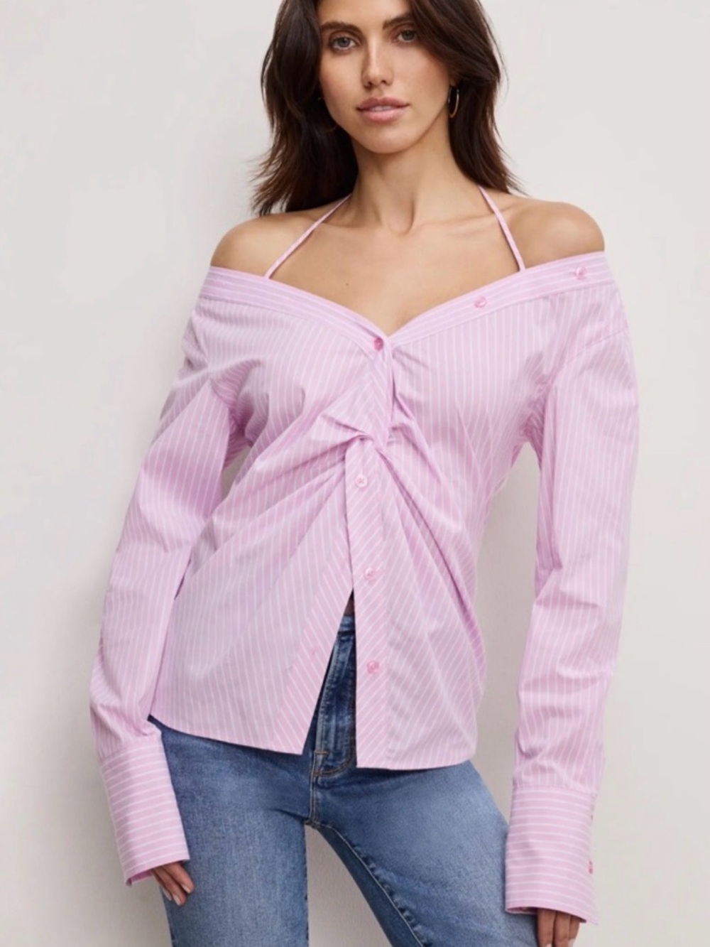 Good American Off-Shoulder Pink Pinstripe Twist Front Women’s Shirt - XL NWT